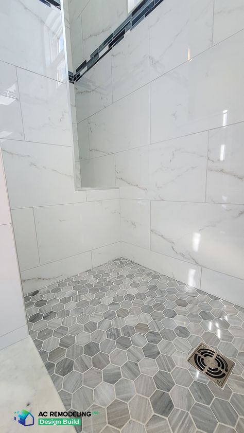 Blue White Shower Tile, Shower Tile Combinations Wall, Tile Shower And Floor Ideas, Spa Shower Tile, White Marble Shower Tile Ideas, Bath Tile Combinations, Showers With Blue Accent Tile, Large Bathroom Tile Ideas, Standing Shower Tile Ideas