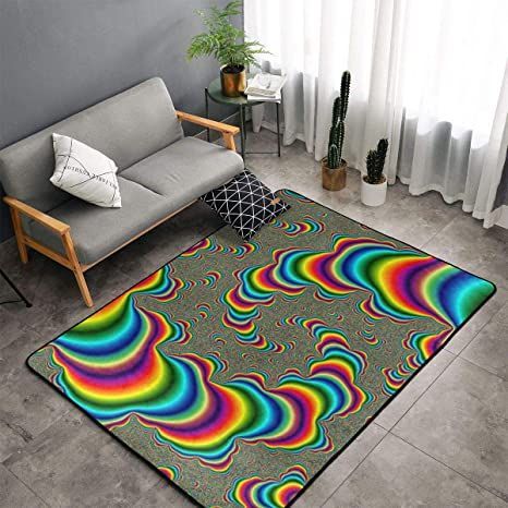 NiYoung Memory Foam Area Rug for Hotel Children Bedroom Dorm Room, Non Skid Backing Floor Pad Rugs Luxurious Throw Rugs Runner, Machine Washable, Psychedelic Trippy Rainbow Trippy House Decor, Black Lights Bedroom, Trippy Bedroom, Hippie Rug, Trippy Rainbow, Room Vibes, Carpet Stores, Children Bedroom, Round Beds