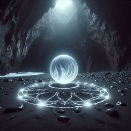 a large dark cave with a magic circle on a rocky beach, a milky orb the size of a human fist is pulsing with light in the center of the magic circle, the orb is the only light in the cave - Image Creator from Microsoft Designer Magical Orb Art, Orb Aesthetic, Magic Orb, Cave Images, The Magic Circle, Genshin Oc, Light Vs Dark, Summoning Circle, Dark Cave