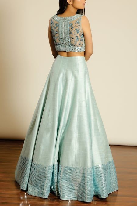 Buy Blue Raw Silk Embroidery Crystals Sequin Galore Crop Top With Lehenga For Women by Pooja Peshoria Online at Aza Fashions. Crop Top With Lehenga, Top With Lehenga, Padded Crop Top, Long Skirt Top Designs, Raw Silk Embroidery, Bridal Lehenga Blouse, Sleeveless Blouse Designs, Lehenga For Women, Long Skirt And Top