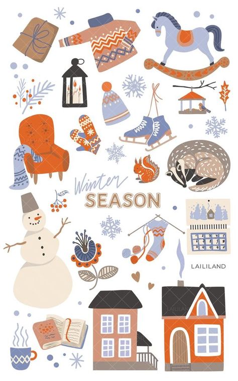 Winter Clip Art Free, Winter Illustration Art, January Clipart, Winter Graphic Design, Snowman Clip Art, Winter Digital Art, Gingerbread Clipart, Winter Clip Art, Holiday Clip Art