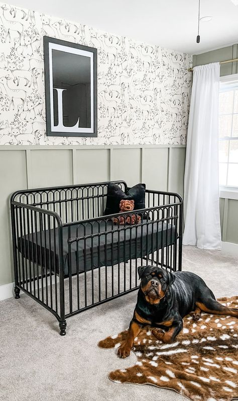 Into The Woods: A Whimsical Nursery #nursery #nurserydecor #dwellingonit #brocatodesignco Black Brown Nursery, Neutral Nursery With Black Crib, Black Iron Crib, Black Metal Crib Nursery, Black Crib Nursery Boy, Nursery With Black Furniture, Iron Crib Nursery, Black Crib Nursery Ideas, Black Nursery Furniture