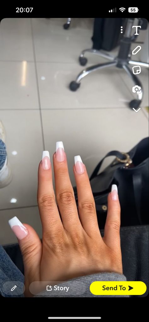 French Tip Acrylic Nails With One Finger Design, Acrilyc French Tip, Squared Oval French Tips, Thick French Tip Nails Coffin, Sqovalnails French Tip, Sqovalnails French, Thick French Nails, Pretty French Tips, Thick White French Tip Nails