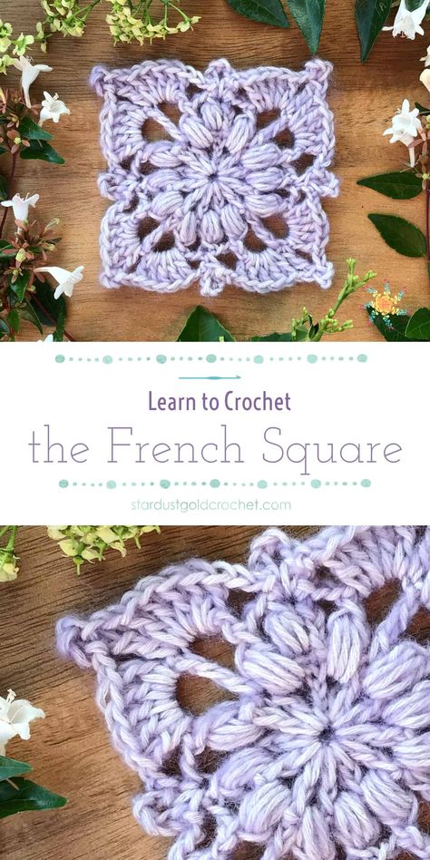 French Square | Crochet Video Tutorial for Beginners | Stitch Explorers Series - Stardust Gold Crochet Tiny Crochet Squares, Granny Square Crochet Pattern Knitting & Tools, Lacy Granny Square Pattern, Crochet Motif Square, Free Crochet Granny Square Patterns, Crocheted Squares, Motifs Granny Square, Square Crochet Pattern, Gold Crochet