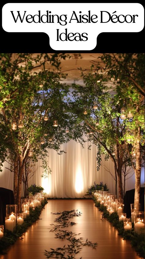 Elegant wedding aisle decorations with candles and greenery for indoor and outdoor settings. Trees For Wedding Ceremony, Indoor Church Wedding Decorations, Simple Wedding Aisle, Indoor Wedding Ceremony Decor, Simple Outdoor Wedding Ceremony, Beautiful Wedding Aisle, Wedding Aisle Decorations Outdoor, Twinkle Lights Wedding, Outdoor Wedding Aisle