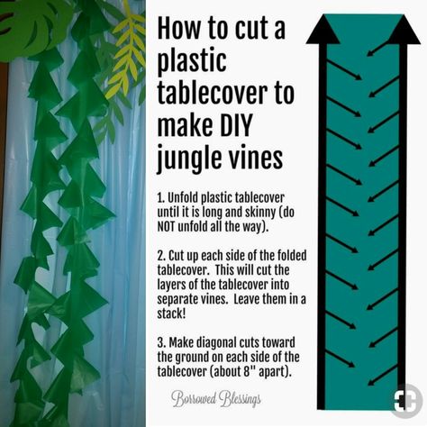 Backdrop diy Part3- green table cloth cut into strips. Instructions were found on pinterest. How To Make Jungle Leaves, Jungle Backdrop Diy, Jungle Decorations Diy Safari Theme, Diy Jungle Decorations, Green Table Cloth, Jungle Vbs, Ocean Vbs, Jungle Theme Classroom, Jungle Decorations