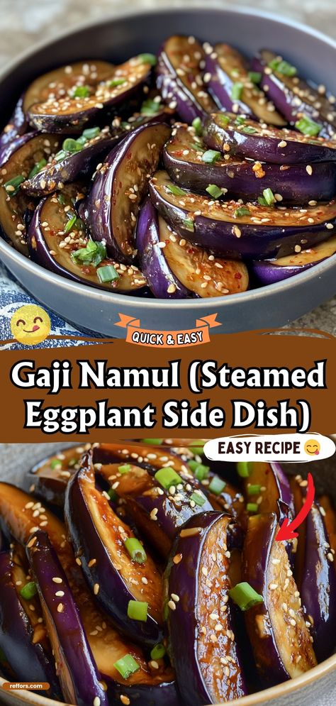 Dive into the delicate flavors of this Korean side dish, Gaji Namul. Steamed eggplant with a savory soy sauce dressing makes it a perfect accompaniment to any meal. #KoreanCuisine #EggplantDish #HealthySides Korean Eggplant Side Dish, Gaji Namul, Korean Eggplant, Namul Recipe, Eggplant Side Dishes, Vegetarian Brunch Recipes, Steamed Eggplant, Korean Food Side Dishes, Soy Sauce Dressing