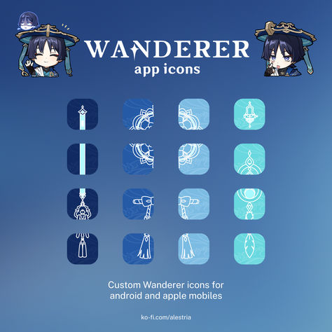 Capture the turbulent spirit of the Wanderer with our custom icon pack. Designed with sharp blues and moody teals, these icons reflect his complex past and aloof demeanor. Perfect for Genshin Impact fans who appreciate depth and character in their aesthetics. Click to explore more in my shop! #GenshinImpact #Wanderer #CustomIcons #Mystique #BlueTealDesign #DivineArrogance #FatuiTwist #ShopNow Genshin Icons Aesthetic, Wanderer App Icon, Genshin Impact Icon App, Wanderer Widget, Genshin App Icons, Genshin Nails, Wanderer Genshin Impact, Aesthetic Genshin, Wanderer Icon