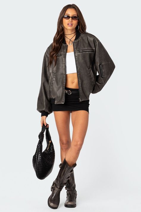 Vava Washed Faux Leather Bomber Jacket – edikted Edgy Jeans, Edgy Outfit, Leather Jacket Outfits, Y2k Outfits, Trendy Shorts, Going Out Outfits, Fashion Studio, Looks Style, Mixing Prints