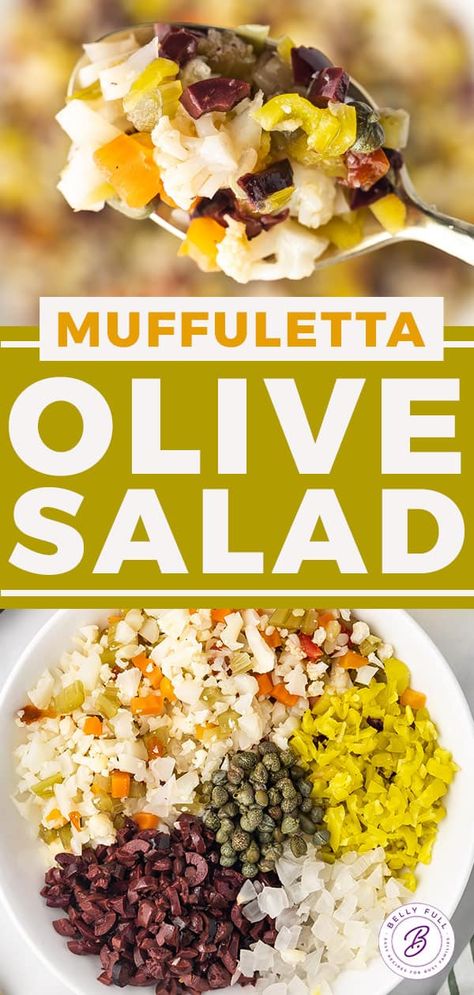 Olive Salad Recipe {Muffuletta Olive Salad} - Belly Full Olive Salad 12 Tomatoes, Muffuletta Olive Salad Recipe, Muffuletta Salad, Olive Salad Recipe, Muffaletta Sandwich, Chopped Salads, Muffuletta Sandwich, Cucumber Avocado Salad, Easy Vegetable Side Dishes