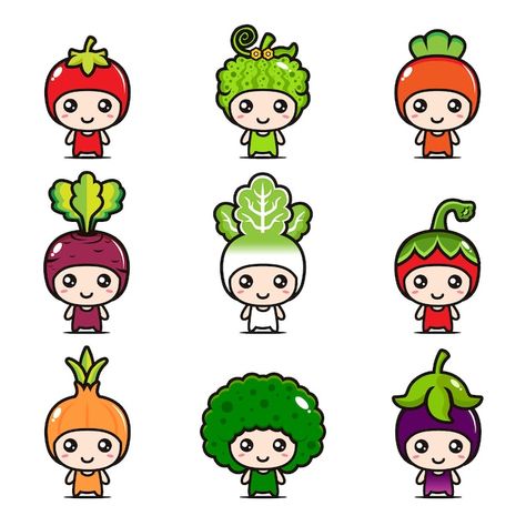 Mascot Design Ideas, Cute Vegetables, Vegetable Cartoon, Vegetable Design, Cartoon Mascot, Vector Food, Character Cartoon, Chibi Drawings, Mascot Design