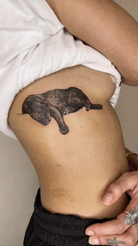 Black Pantera Tattoos, Panther And Cheetah Tattoo, Leopard Tattoo On Hip, Panther Tattoo Aesthetic, Panther Woman Tattoo, Feminine Panther Tattoo For Women, Back Panther Tattoo, Women Animal Tattoo, My Tattoo Aesthetic