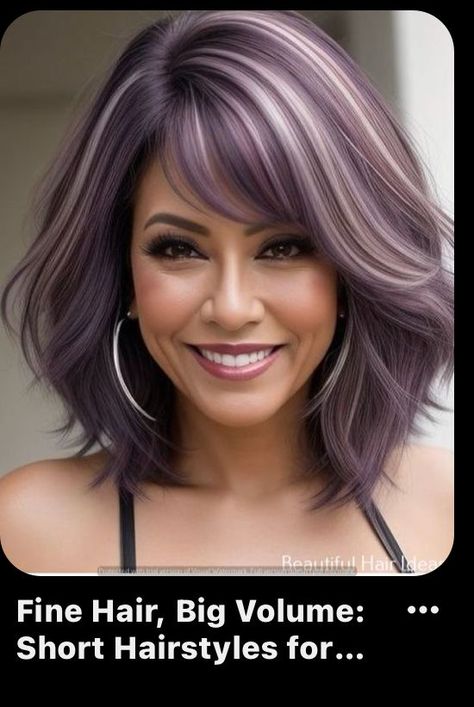 Subtle Pop Of Color In Hair, Medium To Short Bob Hairstyles, Hair Color Ideas For Women Over 50, Brown And Purple Hair, Blonde And Purple Hair, Silver Purple Hair, Silver Hair Color Ideas, Black And Silver Hair, Faery Queen