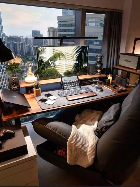 Workstation Design Home, Office With Gaming Setup, Study Room Ideas For Men Interior Design Home Office, Developer Home Office Setup, C Suite Office, Home Workspace Ideas Small Spaces, Home Office Setup For Zoom, Masculine Boho Office, Home Office Large Monitor