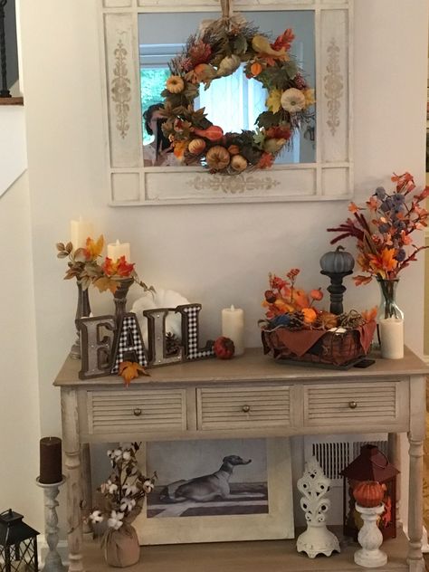 Sofa Table Fall Decor Behind Couch, Console Table Fall Decor Ideas, Fall Entry Table Decor Ideas Console Tables, Entryway Fall Decor Ideas Console Tables, Thanksgiving Console Table Decor, Fall Credenza Decor, Fall Tv Stand Decor Ideas, Fall Sofa Table Decor, Fall Console Table Decor Ideas