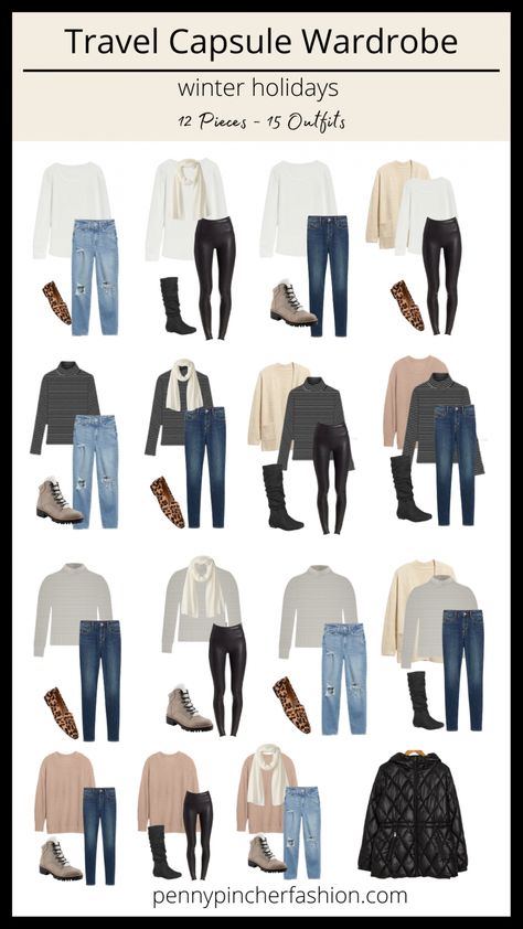 Winter Layering Outfits Travel, 3 Week Capsule Wardrobe Winter, Cold Weather Capsule Wardrobe Packing Light, 12 Items 20 Outfits, 7 Day Travel Capsule Wardrobe Winter, Travel Capsules Fall, Cool Weather Travel Capsule, Interchangeable Outfits For Travel, Winter Travel Capsule Wardrobe 2023