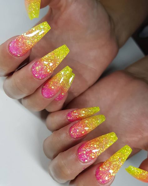 Glitterombre with Glitter Lemon & loose glitter🥂 #lillynails #nailcode #longnails #summer #pink #yellow #ombre #nailqueenfamily Yellow And Pink Nails, Bright Nail Colors, Fun Summer Nails, Yellow Nails Design, Summer Nails Beach, Bright Summer Nails, Ombre Nails Glitter, Yellow Ombre, Bright Nails