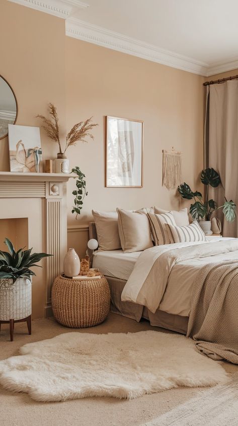 35 Warm Bedroom Aesthetic Ideas – My Blog Neutral Wood Bedroom, Wood Bed Frame Aesthetic, Wood Trim Bedroom, Tan Bedroom Walls, Bed Frame Aesthetic, Brown Room Aesthetic, Light Brown Bedrooms, Warm Bedroom Aesthetic, Spare Bedroom Decor