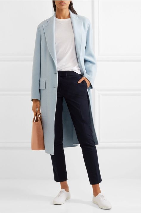 Light Blue Jacket Outfit, Light Blue Coat Outfit, Pale Blue Coat, Blue Coat Outfit, Sky Blue Outfit, Light Blue Coat, Coat Jeans, Blue Winter Coat, Capsule Wardrobe Women