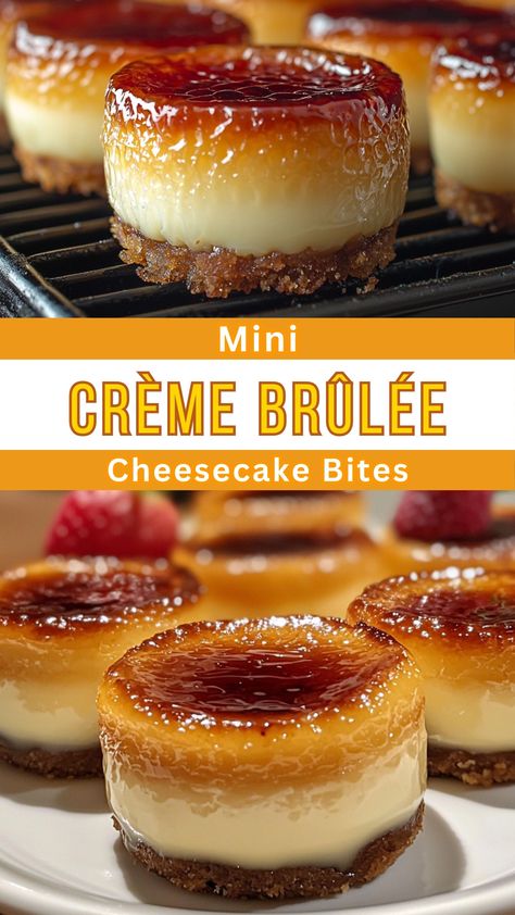 Easy Dessert Recipes: Mini Crème Brûlée Cheesecake Bites Mini Caramel Cheesecake Cups, Nilla Wafer Mini Cheesecake Recipes, Mini Pecan Cheesecake Bites, Fancy Desserts For Two, Coconut Cheesecake Bites, Cocktail Desserts Party, Cheesecake Party Ideas, Desserts That Aren't Too Sweet, Refrigerated Cheesecake Recipe