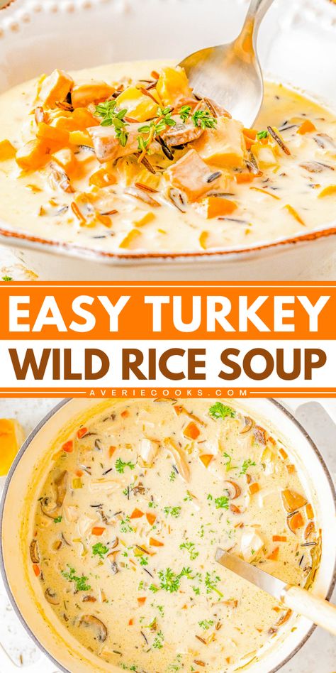 This Christmas dinner idea is one of the things to make with leftover turkey! It's also a must-try Thanksgiving leftover recipe. Not only is this easy turkey wild rice soup rich and creamy, but it is also hearty from all the vegetables! Leftover Turkey Recipes Easy Healthy, Turkey Soup From Carcass Recipes, Turkey Recipes Leftover, Turkey And Rice Soup, Turkey Leftover Recipes, Leftover Soup, Turkey Wild Rice Soup, Turkey Rice Soup, Creamy Wild Rice Soup