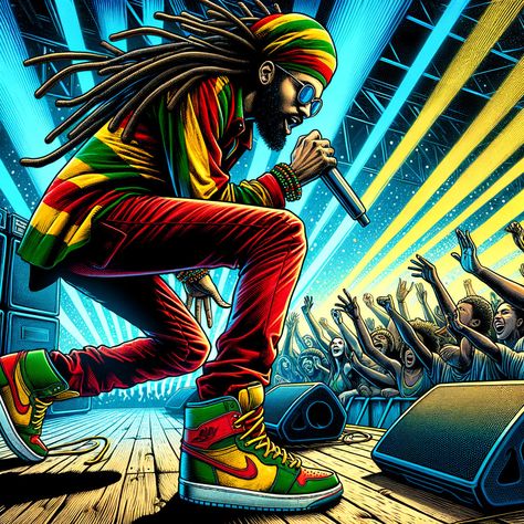 A dynamic reggae performer on stage wears colorful red, yellow, and green attire, engaging an enthusiastic crowd under bright lights. Reggae Music Art, Rasta Culture, Reggae Art, Reggae Festival, African Interior Design, Jah Rastafari, Reggae Artists, African Interior, Warriors Wallpaper