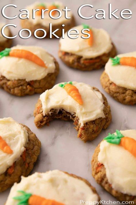 Delicious Carrot Cake Cookies topped with an irresistible cream cheese frosting! These cookies pack all the delicious flavors of carrot cake into moreish soft and chewy cookies made with cinnamon, coconut, and pecans. Super easy to make and the perfect treat to celebrate Spring. Carrot Cake Cookies Recipe, Cookies Spring, Cookies With Cream Cheese Frosting, Cookies With Cream Cheese, Whiskey Cake, Carrot Cookies, Easy Carrot Cake, Carrot Cake Cookies, Raw Cookie Dough