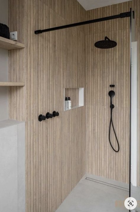 TREND ALERT: Wood Tile on Walls - Beneath My Heart Wooden Tile Bathroom Ideas, Wood Like Shower Tile, Cladding Bathroom Ideas, Small Bathroom Wood Tile, Wood Effect Tiles Bathroom Showers, Wood Effect Shower Panel, Shower Tile Wainscoting, Modern Shower Stall Tile Ideas, Vertical Wood Tile Shower Ideas