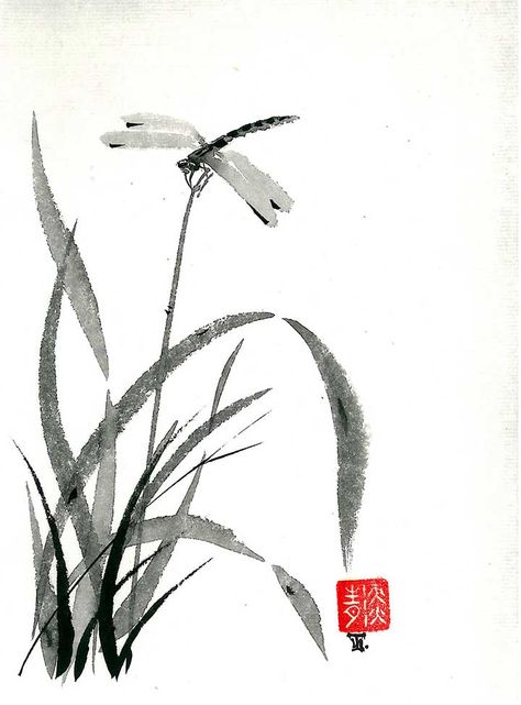 Japanese Ink Painting, Watercolor Dragonfly, Zen Painting, Sumi E Painting, Japanese Watercolor, Chinese Art Painting, Japanese Drawings, Chinese Brush Painting, Asian Painting