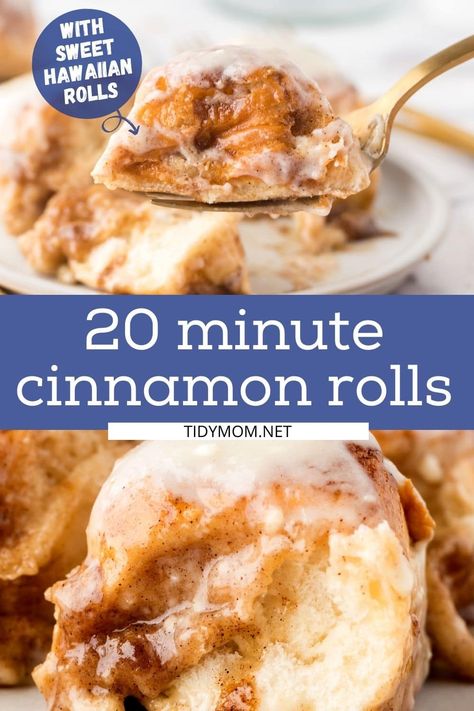 These super easy cinnamon rolls are made with Hawaiian sweet rolls topped with cream cheese frosting. Ooey gooey and ready in 20 minutes! Don’t be surprised if these irresistibly delicious cinnamon buns get eaten before they ever make it to the table. PRINTABLE RECIPE at Tidymom.net Cinnamon Rolls Using Hawaiian Rolls, Hawaiian Roll Cream Cheese, Sweet Hawaiian Rolls Recipe Ideas, Things To Make With Hawaiian Sweet Rolls, Hawaiian Roll Sweet Recipes, Hawaiian Bun Cinnamon Rolls, Hawaiin Rolls Cinnamon Rolls, Kings Hawaiian Cinnamon Rolls Recipe, Hawian Roll Cinnamon Rolls