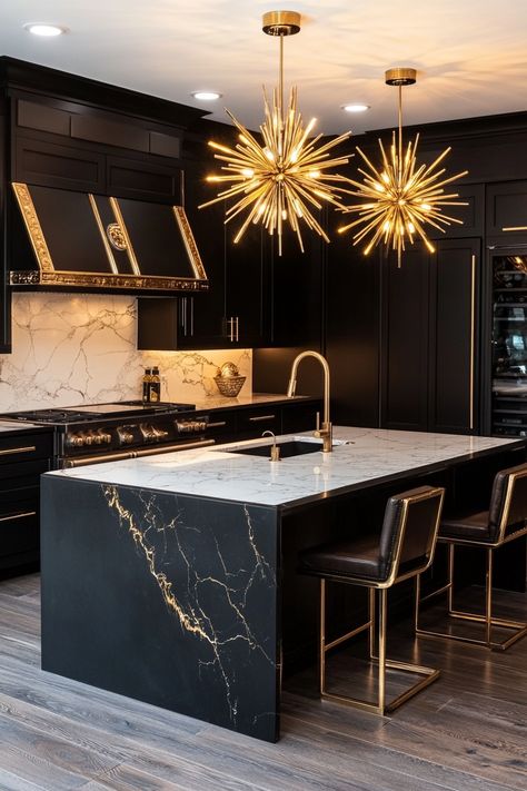 Explore the elegance of the latest kitchen design featuring black cabinetry, gold accents, and stunning marble countertops. This modern setup combines functionality with luxurious aesthetics. #KitchenDesign #LuxuryLiving #HomeDecor Black Gold Marble Kitchen, Black Quartz With Gold Veining, Black White Grey Gold Kitchen, Black White And Gold Kitchen Modern, Black And Gold Backsplash Kitchen, Black White And Gold Kitchen Decor, Kitchen Black And Gold, Gold Countertop, Modern Setup