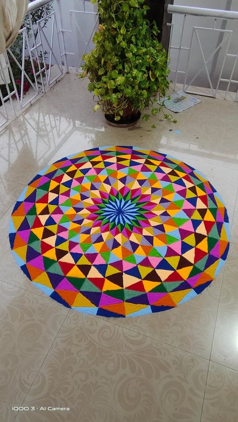 Well? What do you all think? I'm proud of my engineered rangoli... 😇: IndiaSpeaks Geometry Rangoli Designs, Well Rangoli Design, Rangoli Designs Geometrical, Rangoli 3d Design, Dotted Rangoli Design With Colour, Rangoli Designs In Circle, Rangoli Designs 3d, Rangoli Designs Colourful, Abstract Rangoli Designs