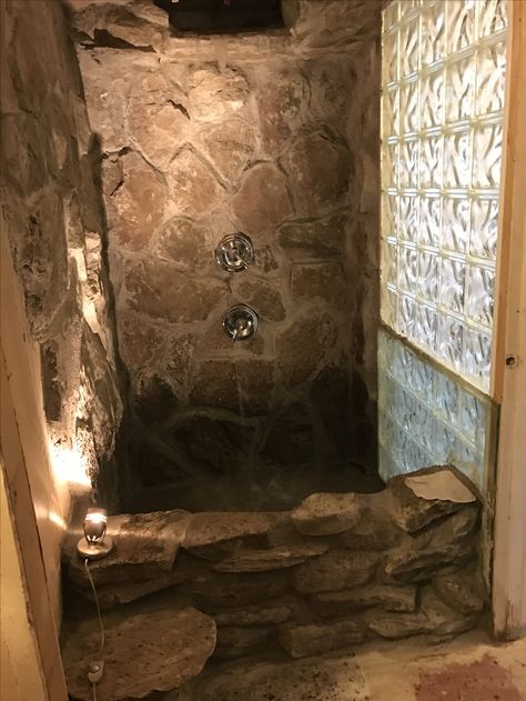 Best DIY IVE EVER DONE! Almost finished! Rock wall shower with NATURAL waterfall shower & rain shower HEAD and also has a bathtub area! Can't wait to turn it on and fill it up! This was an amazing DIY! Rock Shower, Diy Waterfall, Stone Shower, Best Modern House Design, Waterfall Shower, Rustic Bathroom Designs, Stone Bathroom, Diy Shower, Rustic Bathrooms