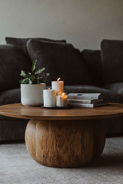 Wooden Modern Living Room, Round Wood Coffee Table Modern, Brown Wooden Coffee Table, Wood Modern Coffee Table, Round Mango Wood Coffee Table, Wood Coffee Table Aesthetic, Coffee Table Decor Wooden Table, Solid Wood Round Coffee Table, Round Coffee Table And Sectional