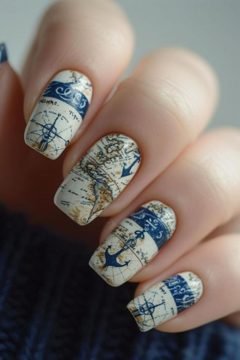 Nautical Navigator Nail Design Ideas For June Compass Nails, Sailing Nails, Nautical Nails 2023, Nautical Nail Art Designs, Nautical Theme Nails, Nautical French Tip Nails, Anchor Nails, Nautical Nails, Nautical Compass