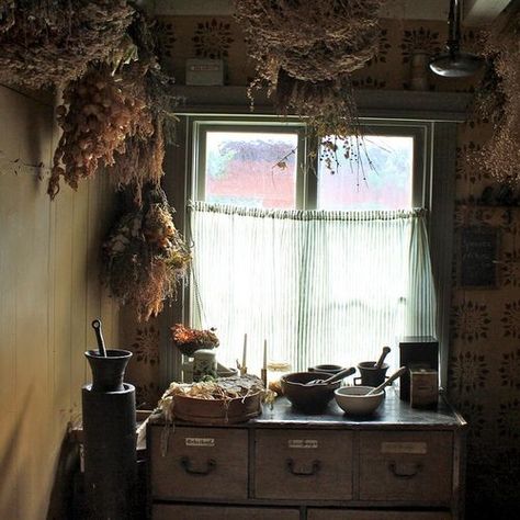 Dreams Gather Here Potion Room, Witchy Kitchen, Witch Cottage, Kitchen Witchery, Magic Potion, Kitchen Witch, Drying Herbs, The Window, My Dream Home