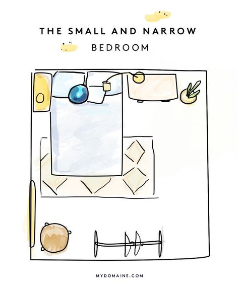 The Layout: If your bedroom is barely big enough to fit a bed, there are a few hacks that will help you manage the space. While we don’t love pushing a bed against the wall, try leaving as... Bedroom Furniture Placement, Narrow Bedroom, Arranging Bedroom Furniture, Small Bedroom Layout, Bedroom Furniture Layout, Rug Placement, Small Bedroom Furniture, Bedroom Minimalist, Bedroom Layout