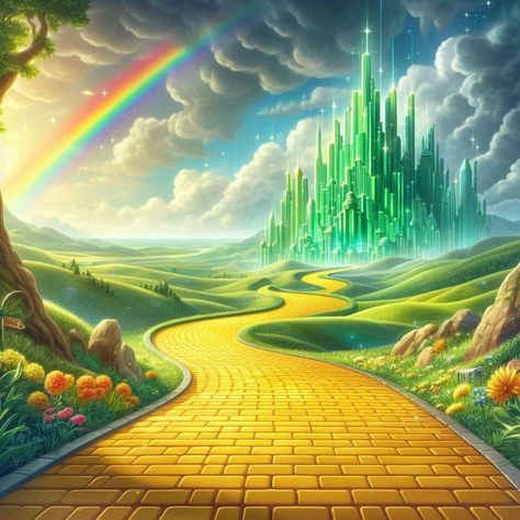 Wizard Of Oz Yellow Brick Road, Wizard Of Oz Wallpaper Aesthetic, Wicked Emerald City, Wizard Of Oz Set Design Ideas, Wizard Of Oz Fanart, Wizard Of Oz Background, The Wizard Of Oz Illustration, Wicked Background, Wizard Of Oz Wallpaper