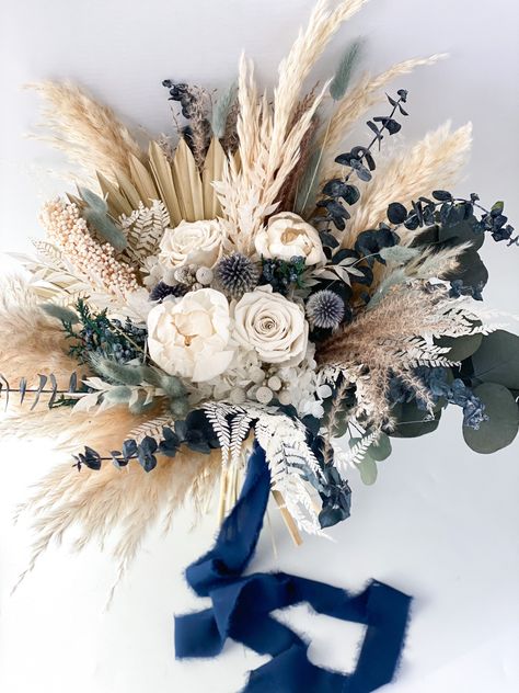 Dusty Blue White Peony Pampas Grass Bouquet - Etsy Navy Blue Wedding Theme, Dried Flower Bouquet Wedding, Grass Centerpiece, Navy Wedding Flowers, Green Wedding Bouquet, Grass Bouquet, Blue Centerpieces, Unique Wedding Receptions, Sunflower Wedding Bouquet