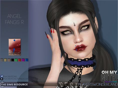 Fangs Piercing, Angel Fangs, Lower Lip Piercing, Goth Angel, Double Helix Piercing, Traditional Goth, Double Nose Piercing, Sims 4 Piercings, Sims 4 Teen