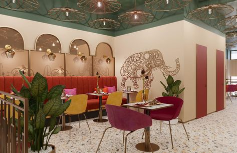 Indian Restaurant Design, Modern Indian Restaurant, Magenta Walls, Indian Cafe, Green Restaurant, Architecture Structure, Indian Interior Design, Restaurant Themes, Dark Green Walls