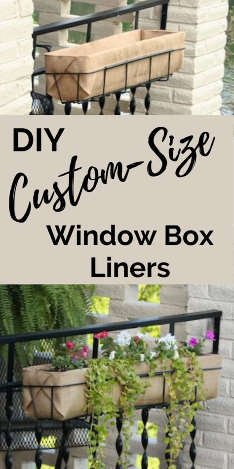 Easy to follow tutorial to make custom-sized liners to fit any planter, whether free-standing, hanging on a railing or under a window. Custom fit and stylish -- what's more to want?#windowboxliner#customlinerforwindowbox#customsizelinerforwindowbox#customwindowboxliner#windowbox#railingplanters#railingplanterliner#burlapwindowboxliner Planter Box Liners, Wrought Iron Window Boxes, Metal Window Boxes, Window Baskets, Planter Liners, Window Boxes Diy, Window Box Garden, Iron Planters, Railing Planters