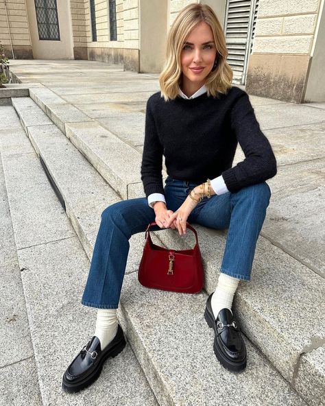 Chiara Ferragni ✨ (@chiaraferragni) • Instagram photos and videos Loafers With Dress, Gucci Loafers Outfit, Jackie 1961 Small Shoulder Bag, Chiara Ferragni Style, Loafers With Socks, Loafers Outfit, Save Outfits, Bag Gucci, October 19