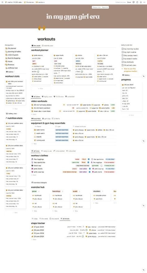 super cute gym/pilates girl era workout planner in notion! Gym Notion, Notion Setup, Gym Planner, Gym Progress, Monthly Workout Plan, Pilates Girl, Setup Inspiration, Notion Ideas, Aesthetic Workout