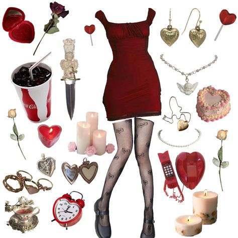 Dark Red Fashion Aesthetic, Dark Lovecore Outfit, Ahs Inspired Outfits, Grunge Red Outfit, Devilcore Aesthetic Outfit, Red Rose Outfit, Vampirecore Outfits, Lizzie Hearts, Downtown Outfits