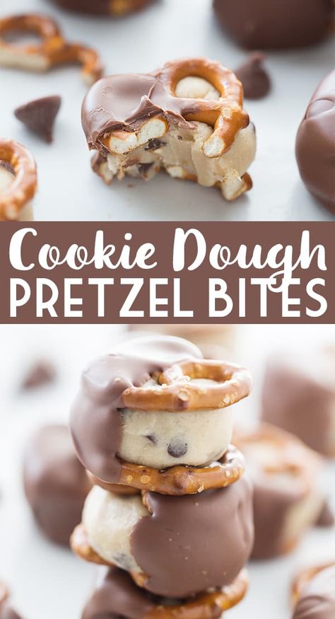 Cookie Dough Pretzel Bites -- Cookie dough pretzel bites offer the irresistible combination of cookie dough, pretzels, and chocolate in a perfectly portioned dessert! #cookiedough #pretzel #pretzelbites #pretzelcandy #baking #dessert #easyrecipe #easydessert #nobakedessert Fun Unique Desserts, Cool Desserts Recipes, Things To Bake With Friends Desserts, Desserts Individual Servings, Cool Dessert Ideas, Pretzel Snack Ideas, Summer Baking Recipes Desserts, Desserts To Make With Friends, Desserts With Pretzels