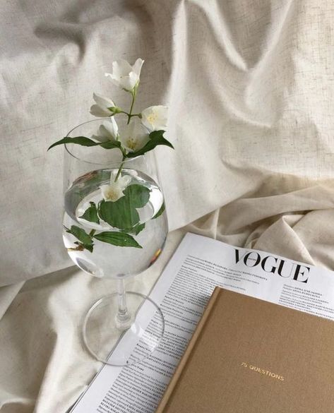 A Book, Vase, Cream, Bed, Water, Glass, Flowers, Green, White