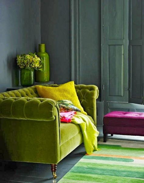 Color Crush: Chartreuse Green | Beth Haley Interior Design Nashville Living Room Dark, Dark Grey Walls, Room Dark, Green Couch, Green Velvet Sofa, Corner Sofa Set, Green Sofa, Sofa Colors, Living Room Green