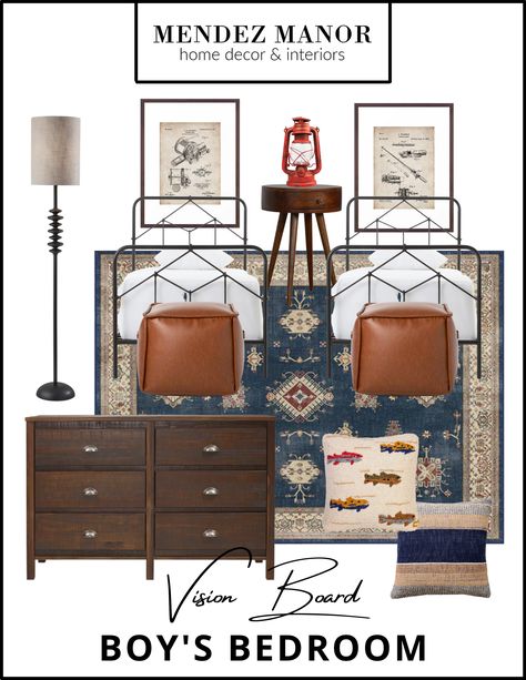 As a designer, designing for children’s bedrooms can be a fun and creative challenge. It’s important to incorporate whimsy into the design, and I’ve had so much fun pulling together this fishing themed boy’s bedroom design with rustic accents! However, it’s equally important to choose furniture and rugs that are durable and versatile for transitioning into different looks as kids grow up. #boysbedroom #childrensroom #boysroom #edesign Fishing Themed Bedroom, Boys Fishing Bedroom, Fishing Bedroom, Rustic Boys Room, Transitional Powder Room, Boys Room Design, Fishing Room, Boy Bedroom Design, Boy’s Room