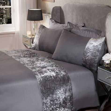 Sienna Crushed Velvet Panel Duvet Cover with Pillow Case Bedding Set Silver Grey | eBay Velvet Bedroom, Pillow Case Bed, Cama King Size, Velvet Duvet, Lit King Size, Gray Duvet Cover, Striped Duvet, Striped Duvet Covers, Quilted Duvet Cover